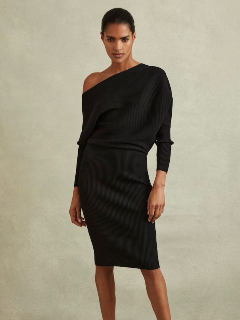 Reiss Black Off-Shoulder Midi Dress